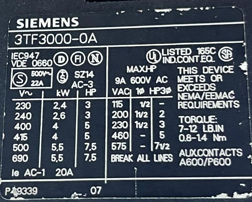 SIEMENS 3TF3000-0A 