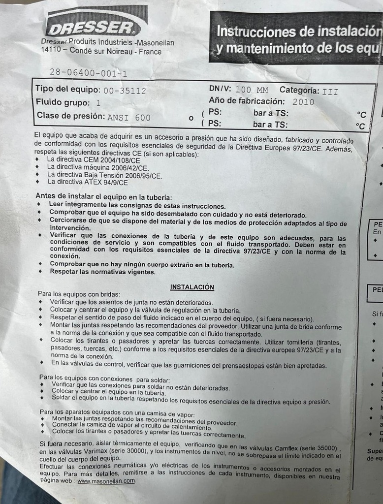 00-35212 DN100 VÁLVULA MASONEILAN