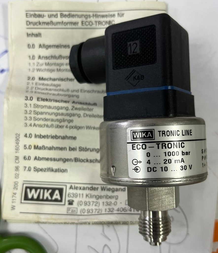 [MAN00024] WIKA ECO-TRONIC LINE 0-1000 BAR TRANSMISOR